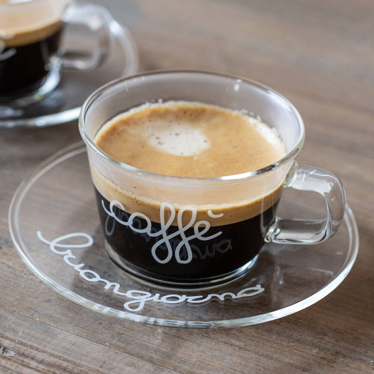 Set 2 tazzine espresso con piattino in vetro borosilicato decoro Caffè Bungiorno