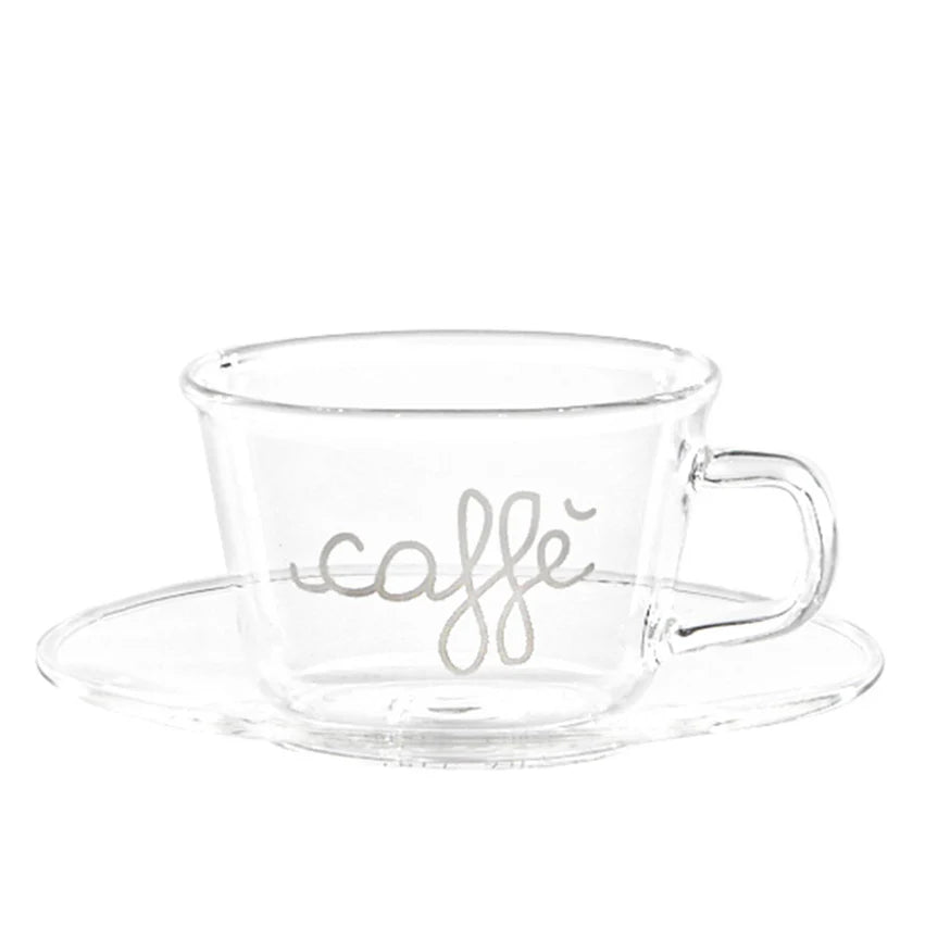 Set 2 tazzine espresso con piattino in vetro borosilicato decoro Caffè Bungiorno