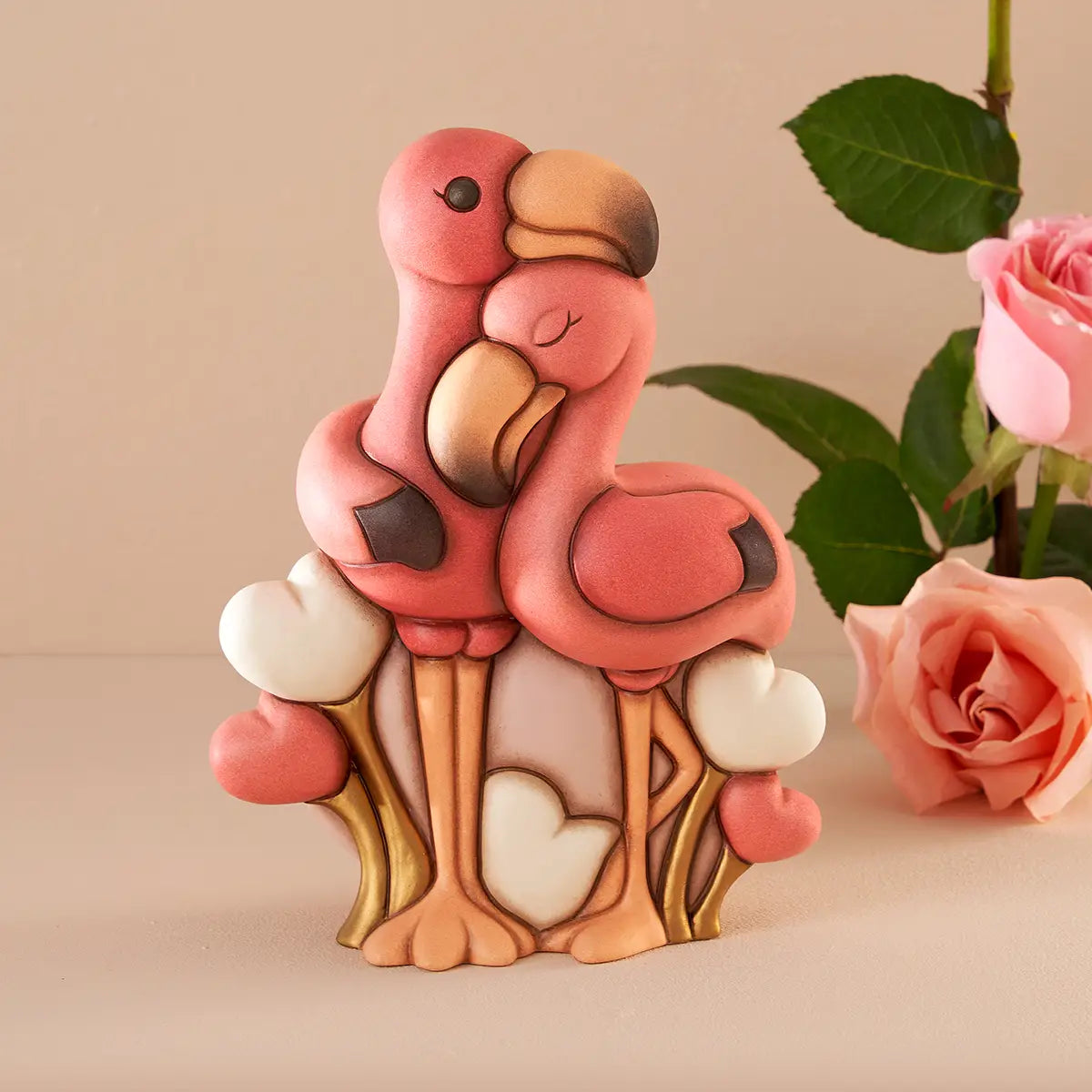 Coppia fenicotteri in ceramica con cuori, maxi