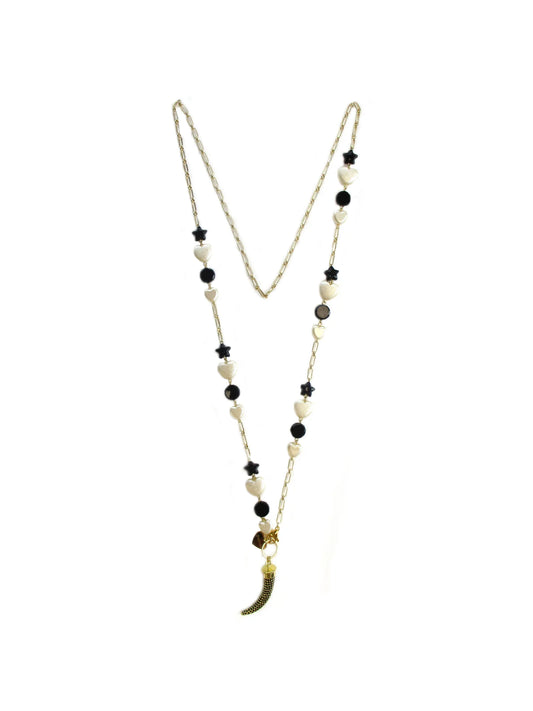 Collana con inserti incatenati e ciondolo a cornetto in pavé di zirconi Cosmika