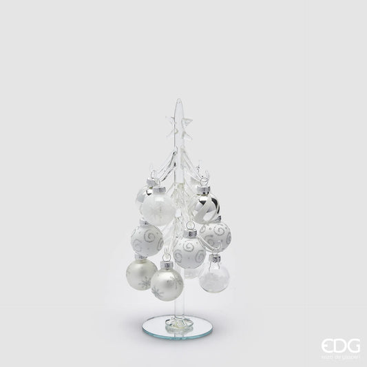 Albero di Natale Pino in Vetro con Palline Bianche e Argento EDG H 22 cm