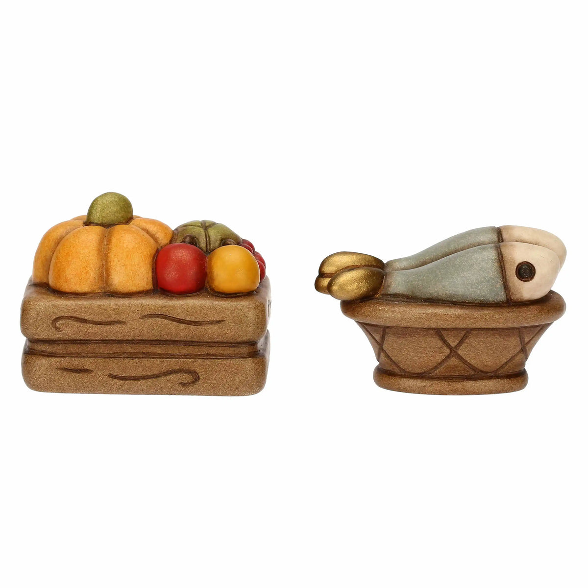 Set cassetta frutta e cesto con pesce in ceramica Presepe Classico