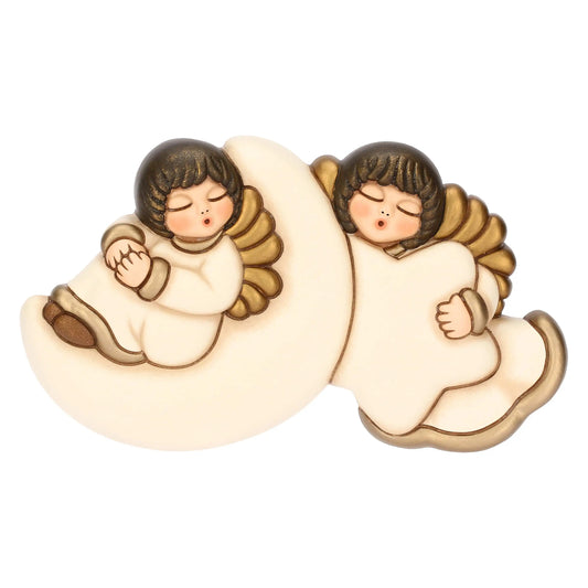 Coppia angeli da parete con luna e stella in ceramica