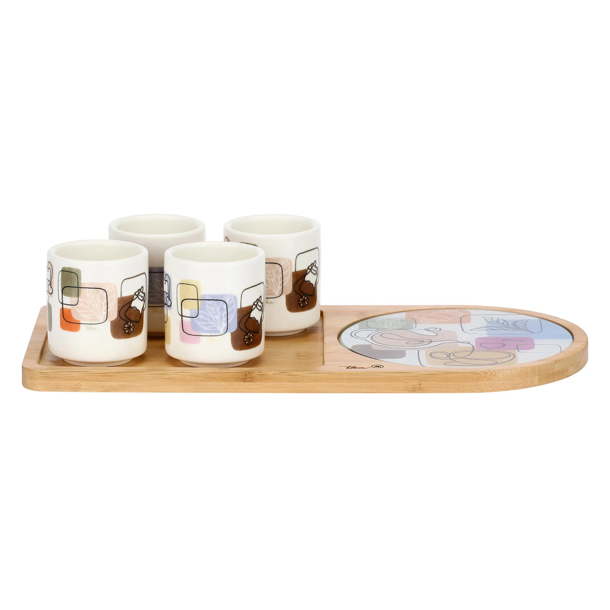 Set 4 tazze da té con vassoio in bamboo