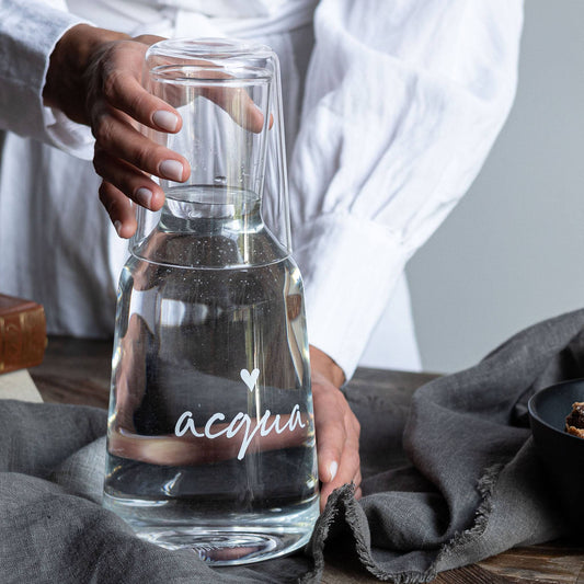 Bottiglia con bicchiere in vetro borosilicato con decoro Acqua