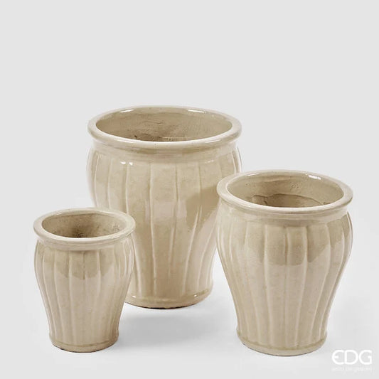Vaso Glaze Svasato a Righe Set 3 Pz H 40 Cm H 33 Cm H 25,50 Cm Avorio