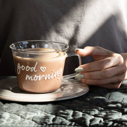 Set 2 tazze colazione in vetro borosilicato decoro Good Morning