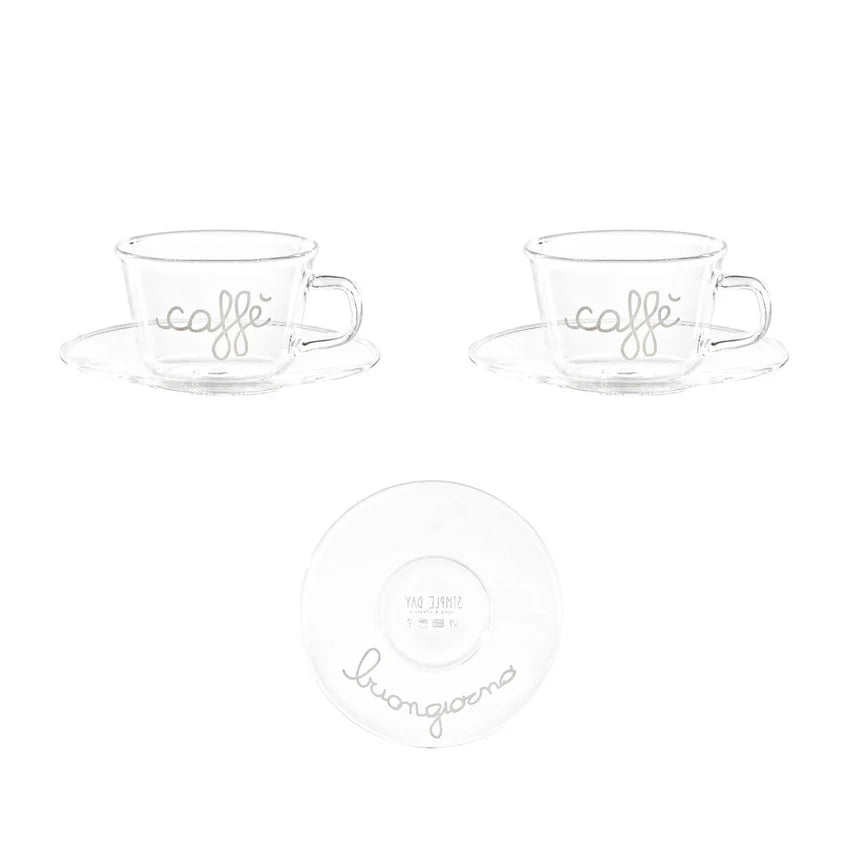 Set 2 tazzine espresso con piattino in vetro borosilicato decoro Caffè Bungiorno